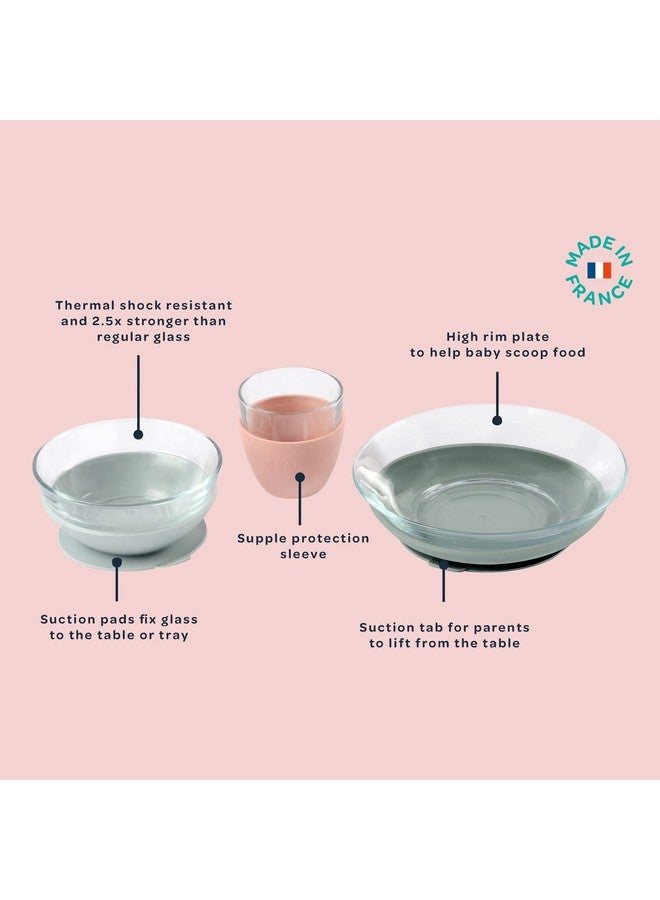 BEABA 3-Piece Duralex Glass Meal Set with Silicone Suction, Toddler Plate and Baby Bowls with Suction, Non Slip Kids Dinnerware Set, 2.5x Stronger than Regular Glass, Eucalyptus - Image 1