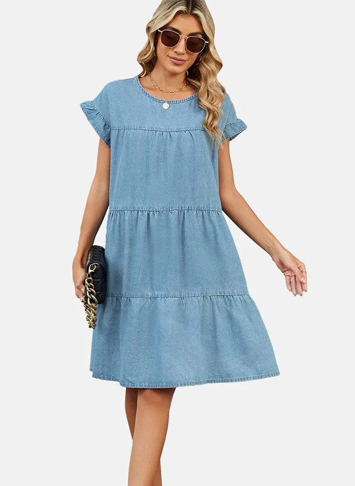 يونيكي Blue Fit & Flare Round Neck Plain Denim Dress