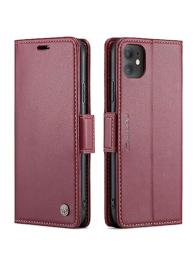 Premium PU Leather Wallet Case for iPhone 11 - Wine Red - Image 1