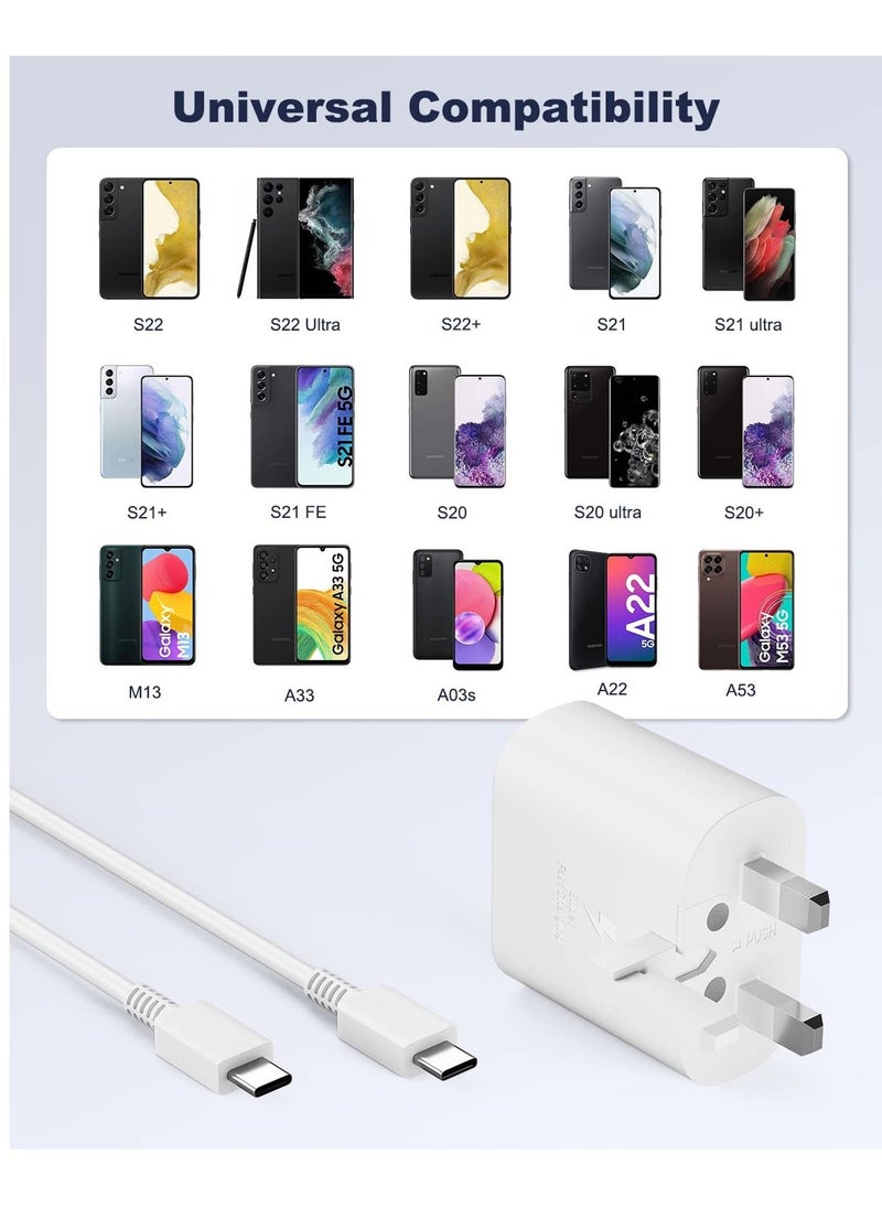 محول شاحن سريع 25 وات لهاتف Samsung Galaxy S23 و S22 و S22Ultra و S22 + و S21 و S20 و A32 و A33 و A53 ​​و A73 و USB C فائق السرعة مع كابل شحن 1.5 م من النوع C