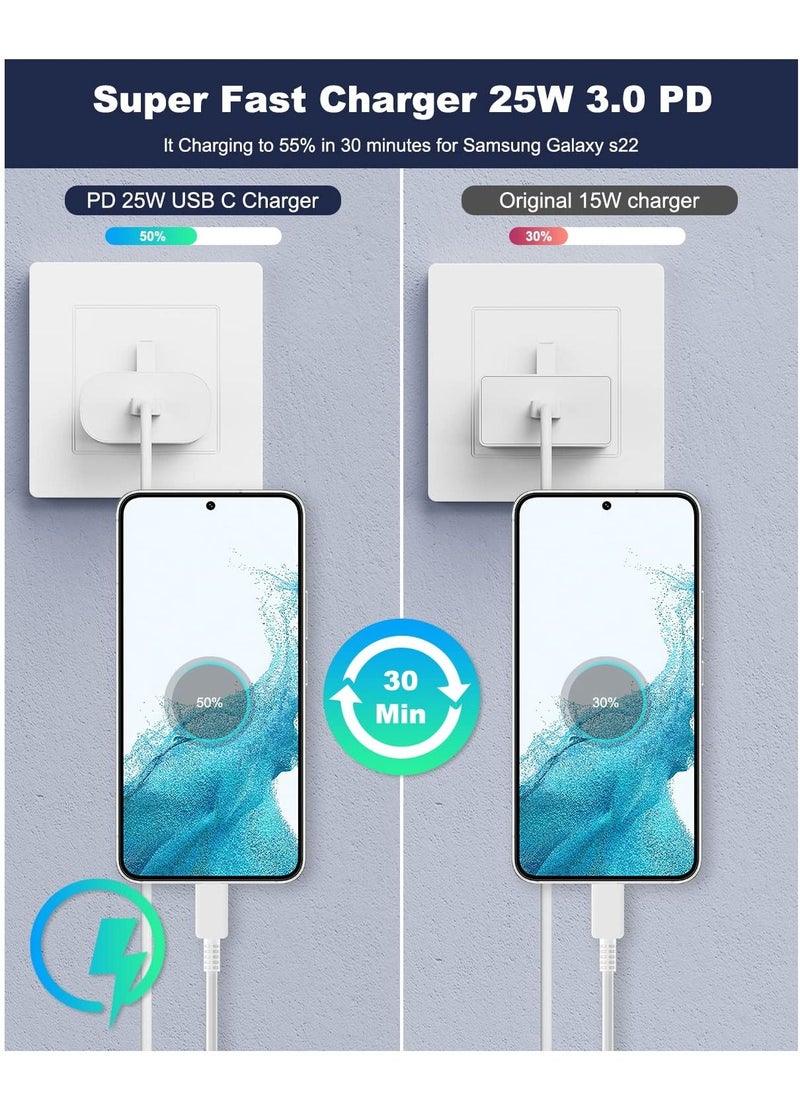 محول شاحن سريع 25 وات لهاتف Samsung Galaxy S23 و S22 و S22Ultra و S22 + و S21 و S20 و A32 و A33 و A53 ​​و A73 و USB C فائق السرعة مع كابل شحن 1.5 م من النوع C