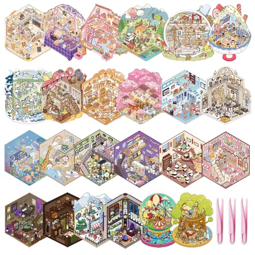 DAPUTOU 24 Sets 3D Scene Sticker Therapy Fun Cartoon Make Your Own Room Shop Scenes DIY House Stickers for Kids Cartoon Animal Relief Stress Own - Image 1