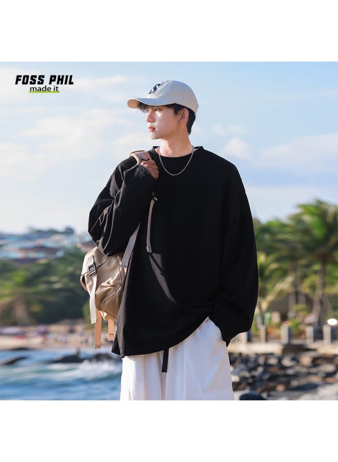 Foss Phil Men's Casual T-shirt Spring And Autumn Hong Kong Style Solid Color Loose Simple Sports Long Sleeve Base Fpct5 Black XL - Image 4