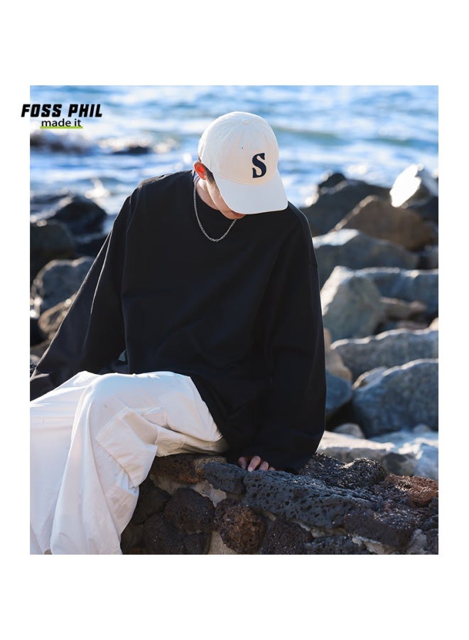 Foss Phil Men's Casual T-shirt Spring And Autumn Hong Kong Style Solid Color Loose Simple Sports Long Sleeve Base Fpct5 Black XL - Image 3