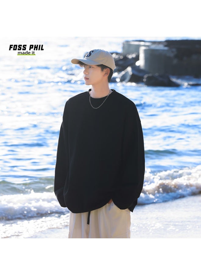 Foss Phil Men's Casual T-shirt Spring And Autumn Hong Kong Style Solid Color Loose Simple Sports Long Sleeve Base Fpct5 Black XL - Image 2