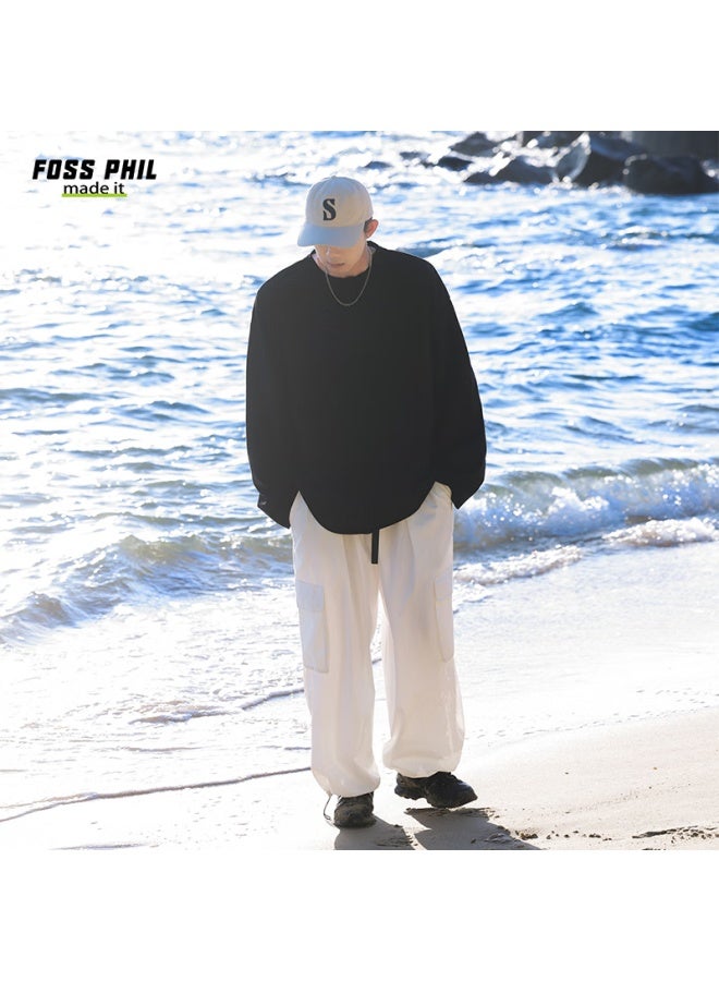Foss Phil Men's Casual T-shirt Spring And Autumn Hong Kong Style Solid Color Loose Simple Sports Long Sleeve Base Fpct5 Black XL - Image 5