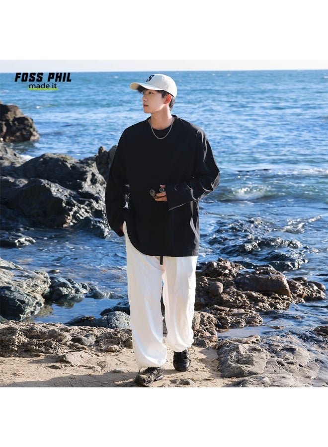 Foss Phil Men's Casual T-shirt Spring And Autumn Hong Kong Style Solid Color Loose Simple Sports Long Sleeve Base Fpct5 Black XL - Image 1