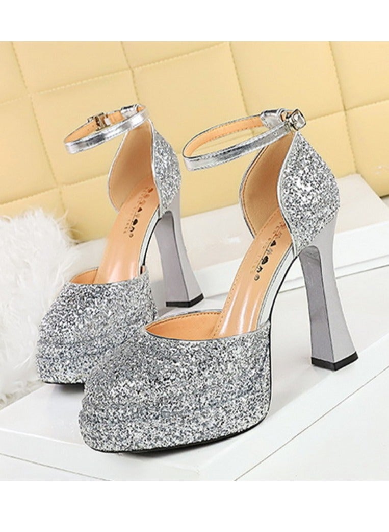 بيج تري المرأة لامعة السينز منصة الكعب العالي الكثيف مع مضخات حزام الكاحل الفضة 11.5CM - Image 1