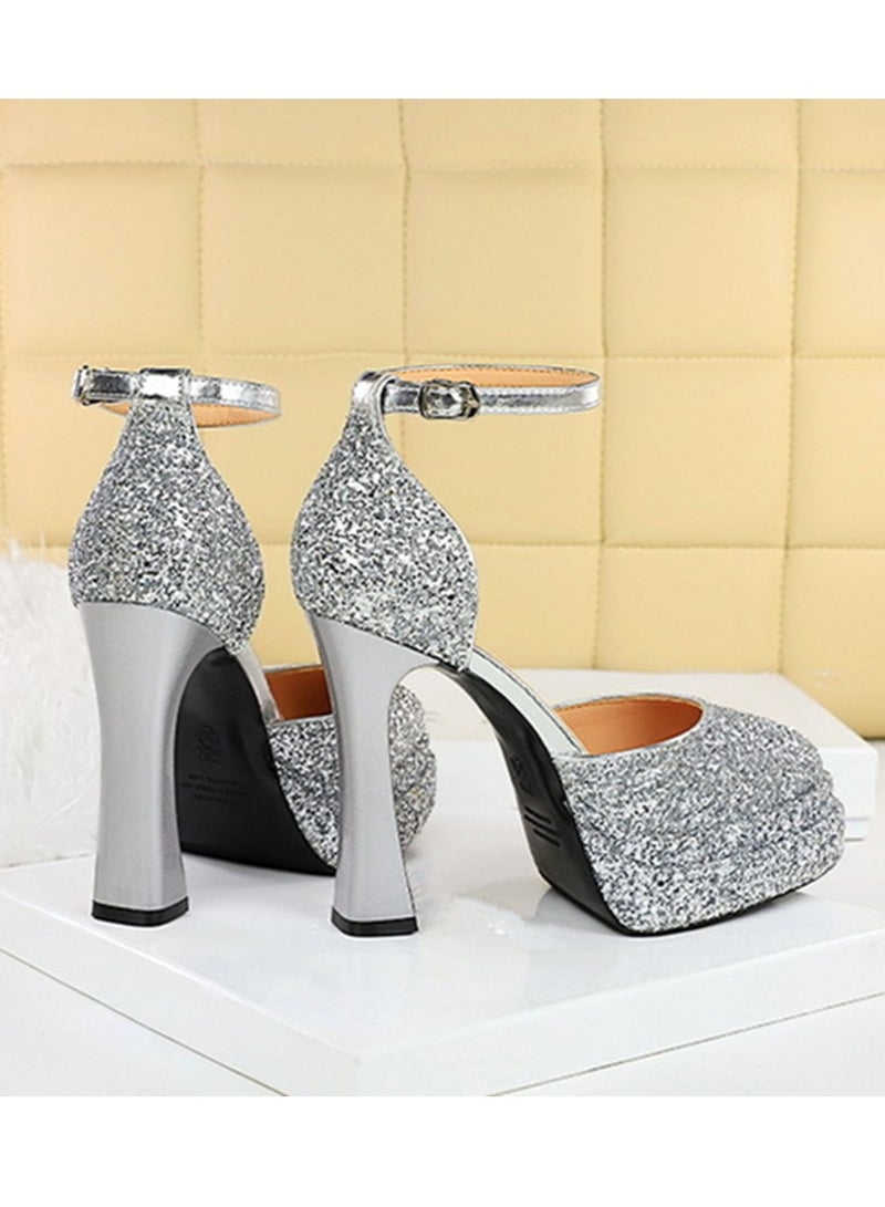 بيج تري المرأة لامعة السينز منصة الكعب العالي الكثيف مع مضخات حزام الكاحل الفضة 11.5CM - Image 2