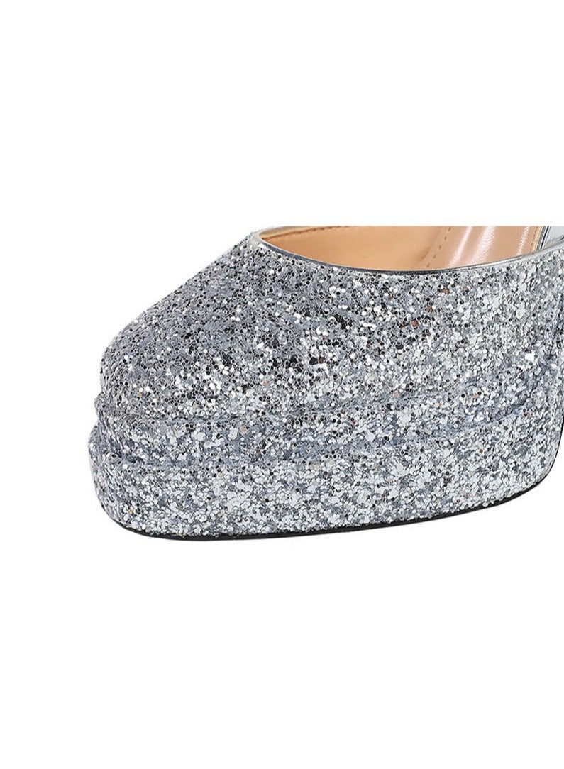 بيج تري المرأة لامعة السينز منصة الكعب العالي الكثيف مع مضخات حزام الكاحل الفضة 11.5CM - Image 4