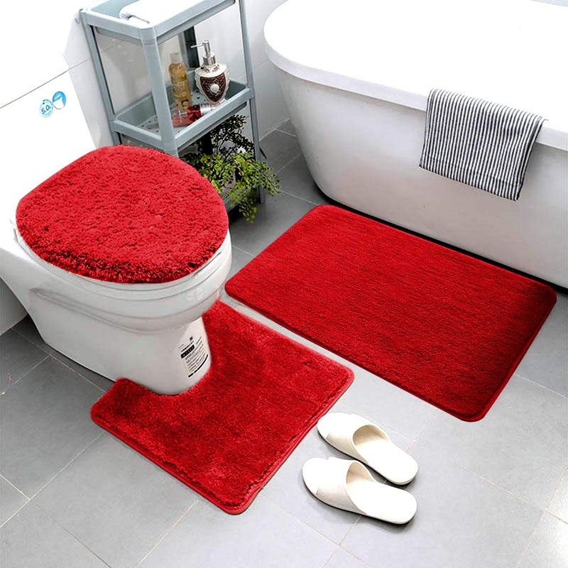 Smart Linen Smart Linen 3 Piece Bathroom Rug Set Includes Bath Rug Contour Mat and Toilet Lid Cover Machine Washable Super Soft Microfiber  Non Slip Bath Rugs with Rubber Backing Solid Red