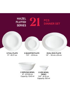 LARAH BY BOROSIL Larah by Borosil Hazel Fluted Series Opalware Dinner Set | 21 Pieces for Family of 6 | Microwave & Dishwasher Safe | Bone-Ash Free | Crockery Set for Dining & Gifting | Plates & Bowls | White  - Image 2