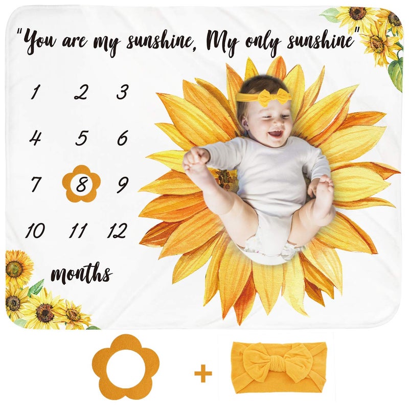 بطانية milestones الشهرية للرضع للبنات - بطانية عباد الشمس للمولود الجديد - هدية مخصصة لحفلة الاستحمام - ديكور حضانة زهور - خلفية تصوير الزهور مع إطار ورباط رأس - كبيرة 51x40