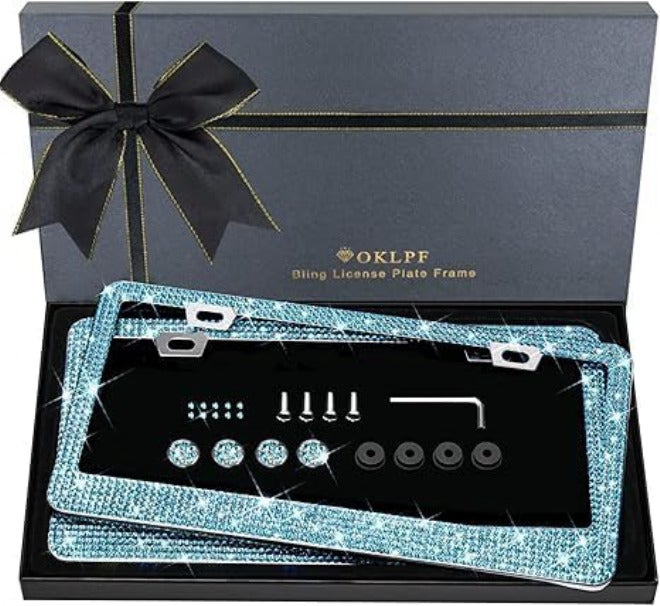OKLPF Bling License Plate Frame for Women, 2PCS Sparkly License Plate Frames| Over 1200 pcs14 Facets Bedazzled Clear Glass Diamond Rhinestone Crystals w/Free Glitter Diamond Box (Light Blue) Practical build