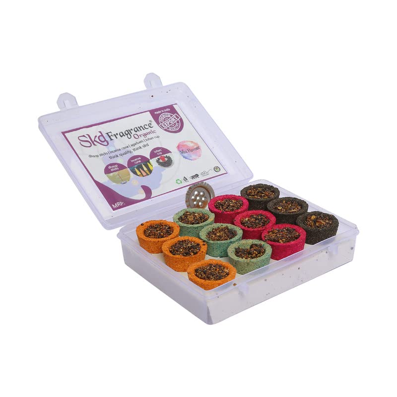 S K D S K D Mix Flavour ChandanRoseGuggal Havan Mini Dhoop Cup with Burner Plate for Pooja MeditationFestivals and Spiritual Events Dhoop Cup for Home OfficeDhoop sambrani Pack 1x12 Cups  - Image 1
