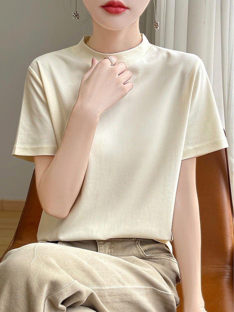 White Short-Sleeved T-Shirt Women'S Shoulder Mock Collar Summer All-Match Slim-Fit Base Shirt Top 100 Cotton Vest Ins - Image 5