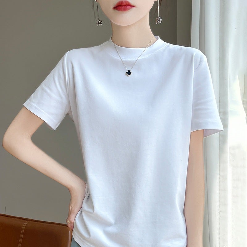 White Short-Sleeved T-Shirt Women'S Shoulder Mock Collar Summer All-Match Slim-Fit Base Shirt Top 100 Cotton Vest Ins - Image 1