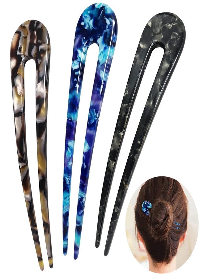 HYFEEL French Hair Forks Tortoise Shell U Shape Updo Hair Pins Clips for Thin Thick Hair, Long Classic 2 Prong Bun Hair Sticks Chignon Women Vintage Hairstyle Accessories, 3 Pack (Blue Brown Black) - Image 1
