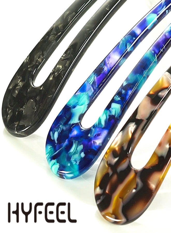 HYFEEL French Hair Forks Tortoise Shell U Shape Updo Hair Pins Clips for Thin Thick Hair, Long Classic 2 Prong Bun Hair Sticks Chignon Women Vintage Hairstyle Accessories, 3 Pack (Blue Brown Black) - Image 4