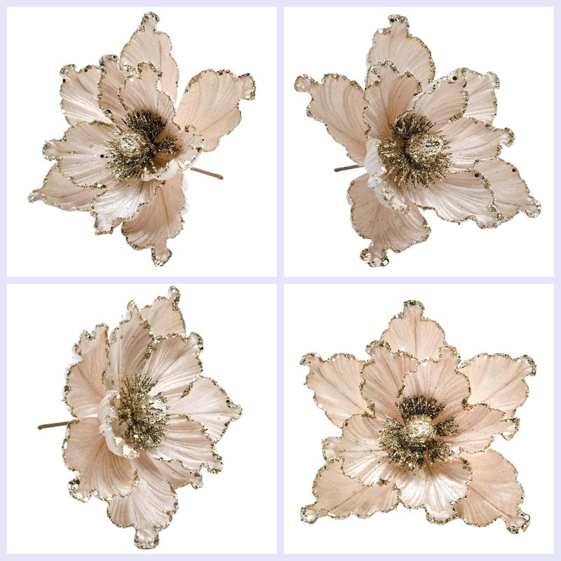 M2cbridge Artificial Christmas Magnolia Flowers Red Velvet Poinsettia Floral Picks for Christmas Wreath Tree Ornaments (4pcs Champagne Magnolia) - Image 2