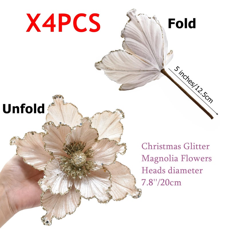 M2cbridge Artificial Christmas Magnolia Flowers Red Velvet Poinsettia Floral Picks for Christmas Wreath Tree Ornaments (4pcs Champagne Magnolia) - Image 3