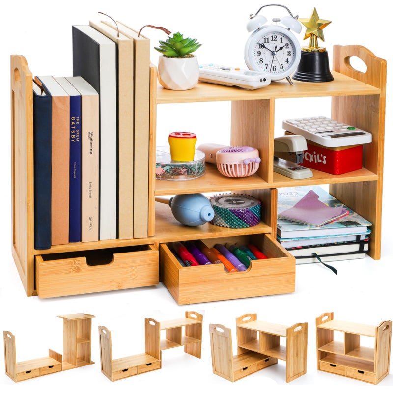 Eorbow Bamboo Desktop Bookshelf, Expandable Counter Bookcase, Storage Shelves Rack Organizer with Anti-Slip Pads, Cute Small Desk Display Cubby Top for Office Supplies, No Assembly Needed - Image 1
