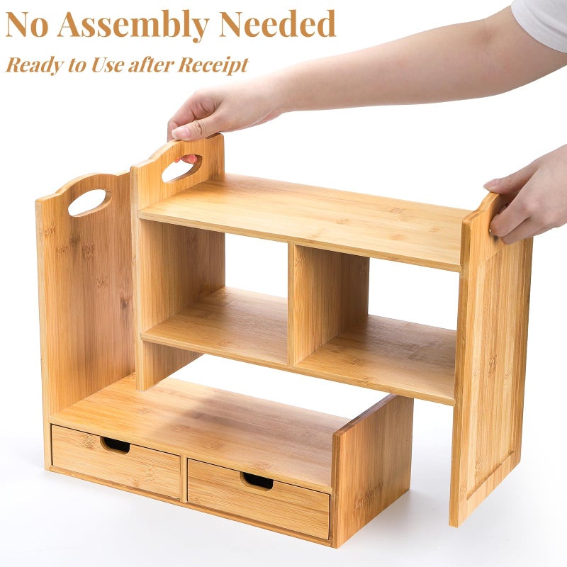 Eorbow Bamboo Desktop Bookshelf, Expandable Counter Bookcase, Storage Shelves Rack Organizer with Anti-Slip Pads, Cute Small Desk Display Cubby Top for Office Supplies, No Assembly Needed - Image 3