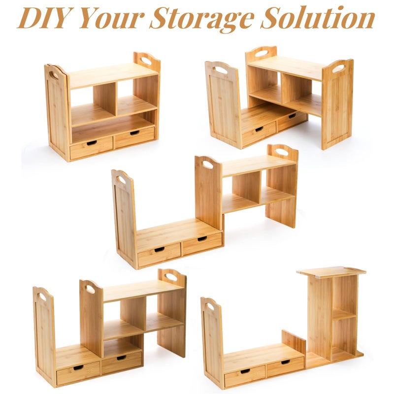 Eorbow Bamboo Desktop Bookshelf, Expandable Counter Bookcase, Storage Shelves Rack Organizer with Anti-Slip Pads, Cute Small Desk Display Cubby Top for Office Supplies, No Assembly Needed - Image 4