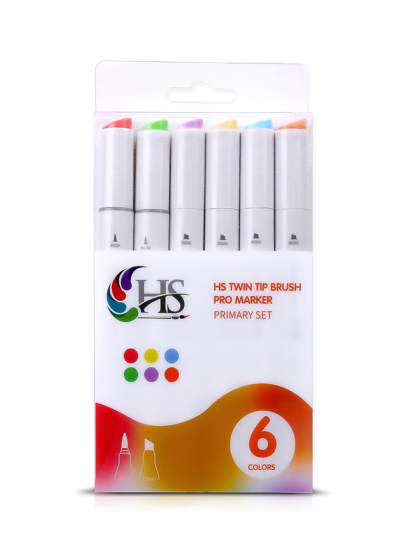 HAKIM'S Hs Twin Tip Brush Pro Markers Set Of 6 - Primary, Multicolor - Image 1