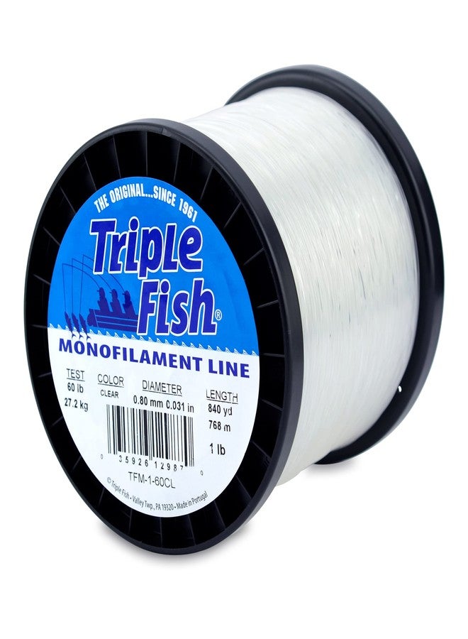 Triple Fish Monofilament Line, 60 lb / 27.2 kg Test, .031 in / 0.80 mm Dia, Clear, 1 lb / 0.45 kg Spool, 840 yd / 768 m - Image 1