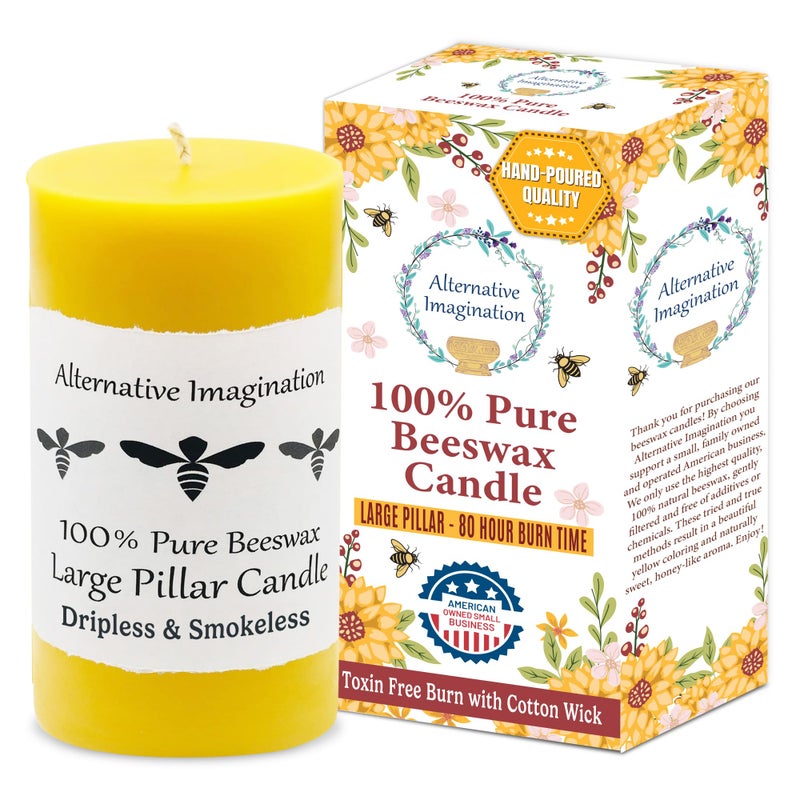 Alternative Imagination 100% Pure Beeswax Pillar Candle â€“ Large 3x6 Inch Handmade Candle with 80-Hour Burn Time â€“ Natural Honey Aroma â€“ Clean & Hypoallergenic â€“ Chemical-Freeâ€“ Natural Air Purifier â€“ Alternative Imagination - Image 1