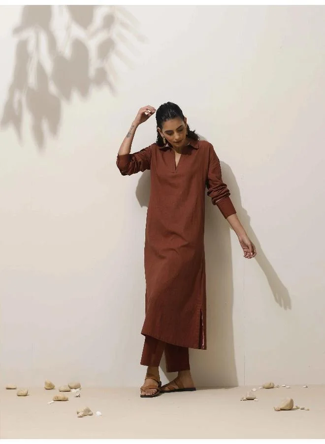 trueBrowns trueBrowns Brown Cotton Kurta  Pant Set