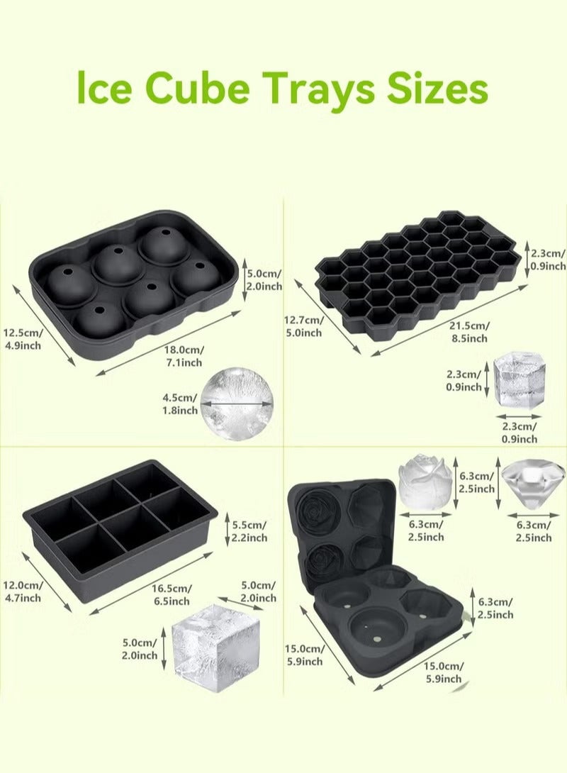 ميكسد 4 أطباق مكعبات الثلج مع غطاء وقمع، سهل تحرير مكعبات الثلج صانع روز، الماس، الكرة، المربع والسداسي الأشكال الأسود - Image 5