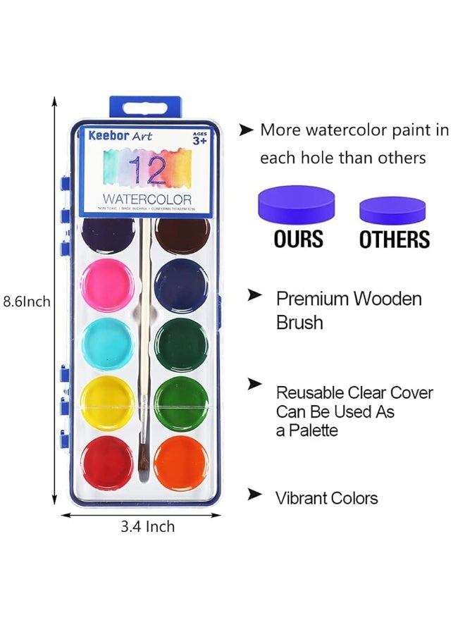 Keebor 12 Colors Watercolor Paint Set for Kids, 24 Pack Washable Water Colors for Party Favors, Gifts, Classroom Supplies (Wood Brushes Included) - Image 3