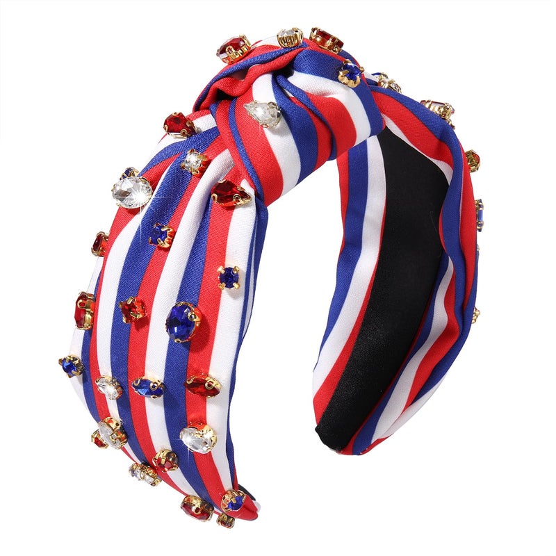 MOLOCH American Flag Headband 4th of July Headband Red White Blue USA Stripe Knotted Head Band for Women Rhinestone Crystal Patriotic Hairband Party Hair Accessory
