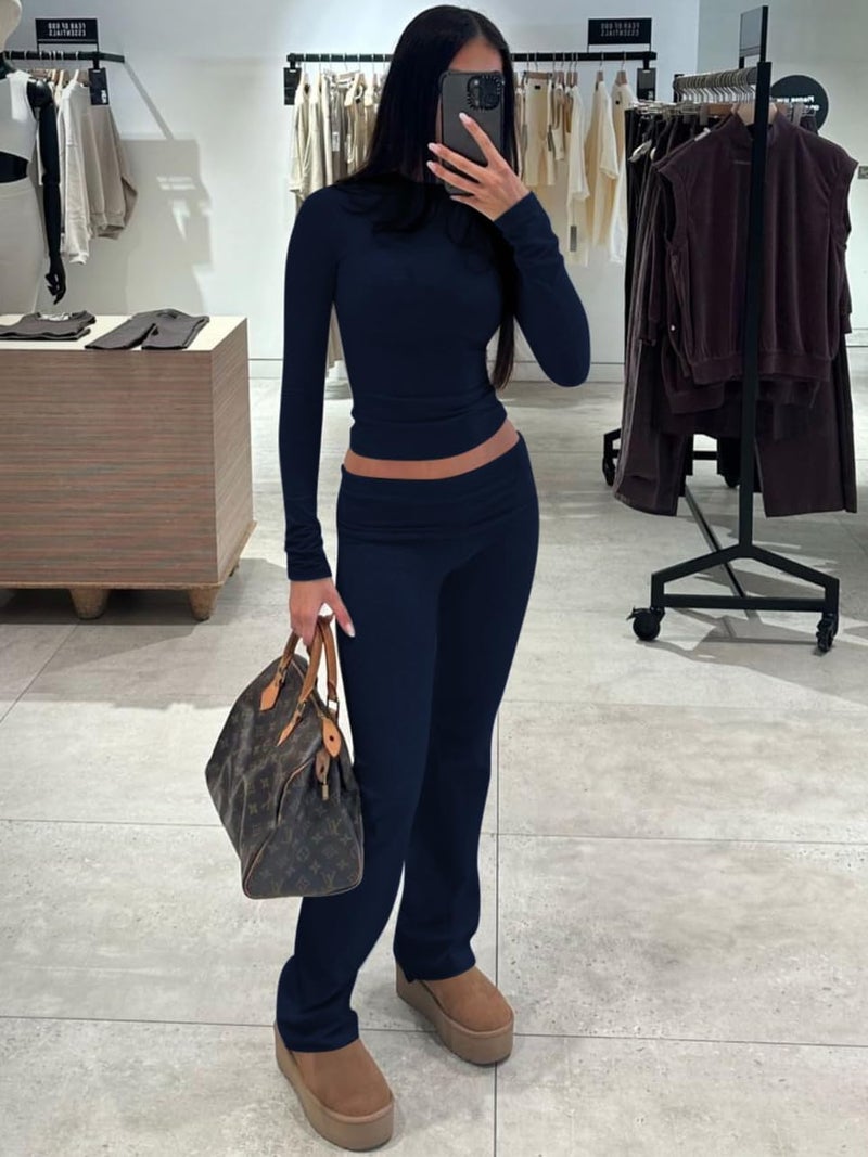 ZFLM Casual Workout Two Piece Outfits Long Sleeve High Waist Fold-Over Flared Leggings Pants Tracksuit Sets Streetwear - Image 5