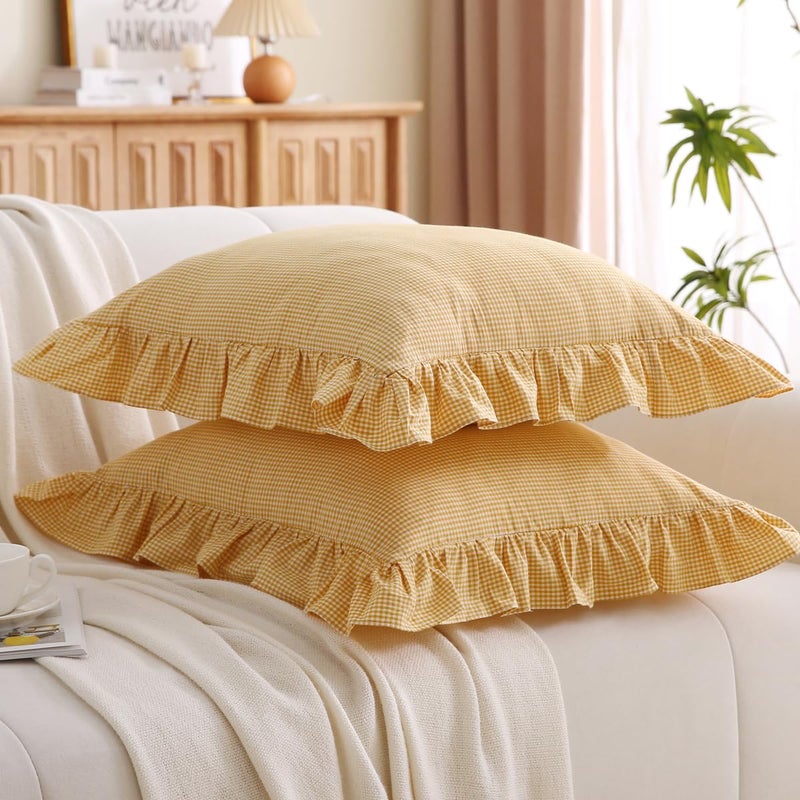 Silnuo Vintage Mustard Plaid Ruffle Throw Pillow Covers 18x18 inches,Washed Cotton Gingham Checkered Yellow Decorative Pillow Shams for Bed,Couch,Sofa - Image 3