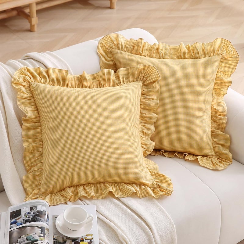 Silnuo Vintage Mustard Plaid Ruffle Throw Pillow Covers 18x18 inches,Washed Cotton Gingham Checkered Yellow Decorative Pillow Shams for Bed,Couch,Sofa - Image 1