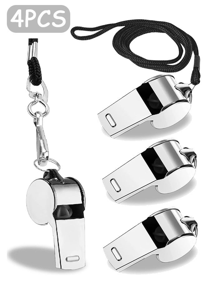 MXN 4 Pcs Stainless Steel Sports Whistle with Lanyard, Sports Whistle Perfect for Referees Coaches Outdoor Sports (Silver) - Image 1