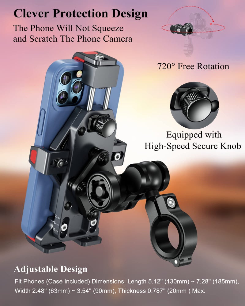 BRCOVAN Aluminum Alloy Motorcycle Phone Mount with Vibration Dampener & High-Speed Secure Lock, Anti-Theft Handlebar Cellphone Holder for Motorcycle Bike Bicycle Scooter ATV, for 4.7-7.2'' Smartphone - Image 5