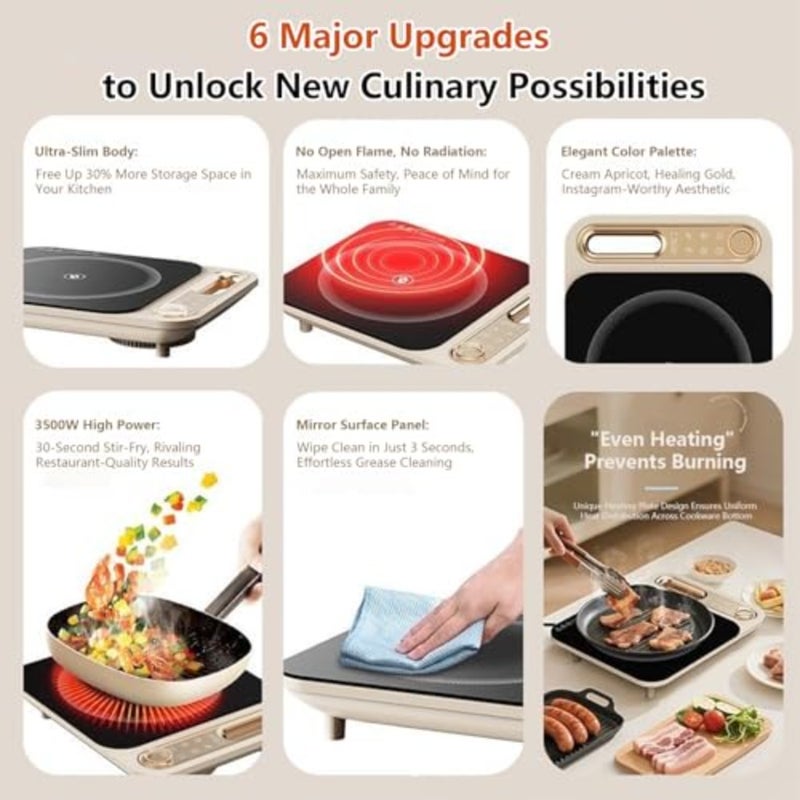 3500W Portable Infrared Cooker, Dual Heating Single Burner Electric Hob with Touch Screen and Knob Control, Timer and Keep Warm Function, Large Heating Panel Suitable for All Cookware - Image 3