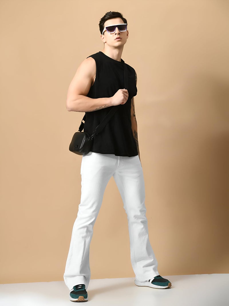 Waltz Men's High Waist Stretchable Boot Cut Wide Leg Flared Casual White Denim Cotton Bell Bottom Jeans Pants for Men, 36 - Image 5