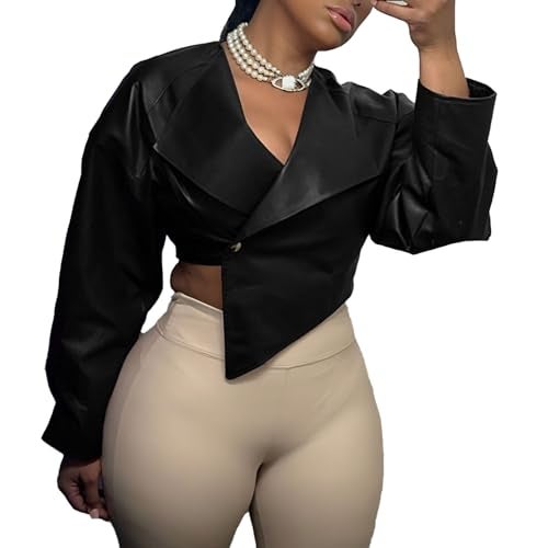 Molilove Crop Leather Jacket Women Faux Leather Long Sleeve Lapel Neck Button Down PU Coats Fall Going Out Jackets - Image 1