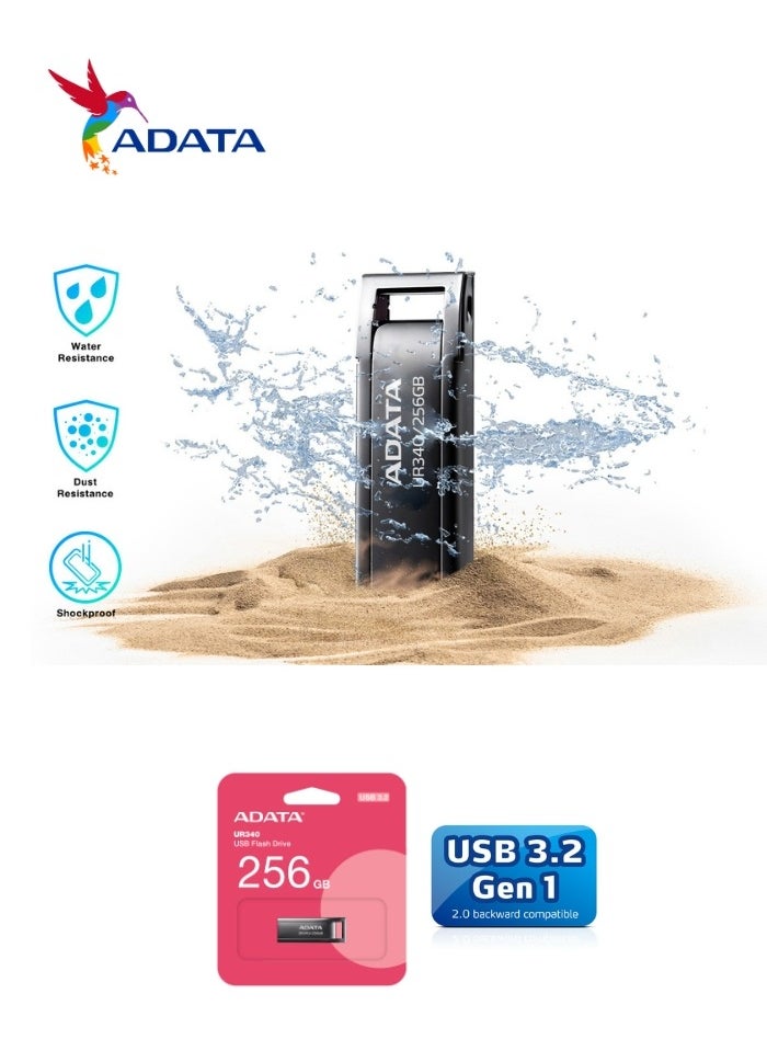 ADATA UR340 256GB USB 3.2 Flash Drive Lightweight Waterproof | Silver Metal | Fast Data Transfer  - Image 3