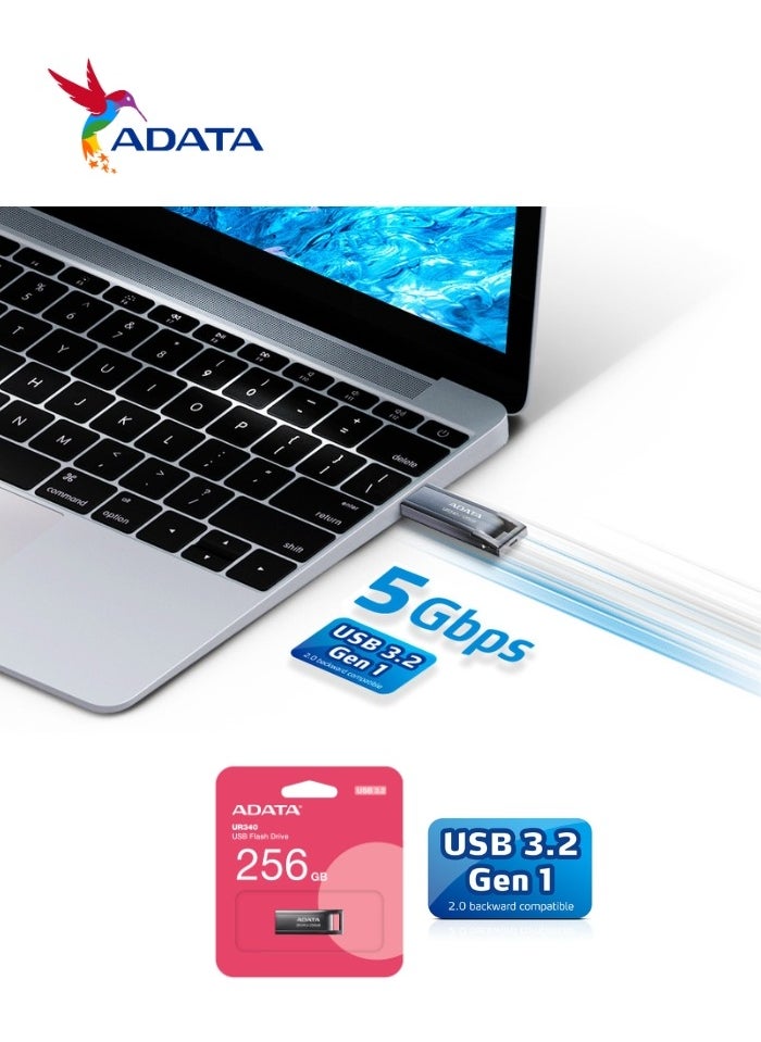 ADATA - UR340 256GB USB 3.2 Flash Drive Lightweight Waterproof | Silver Metal | Fast Data Transfer - Image 1