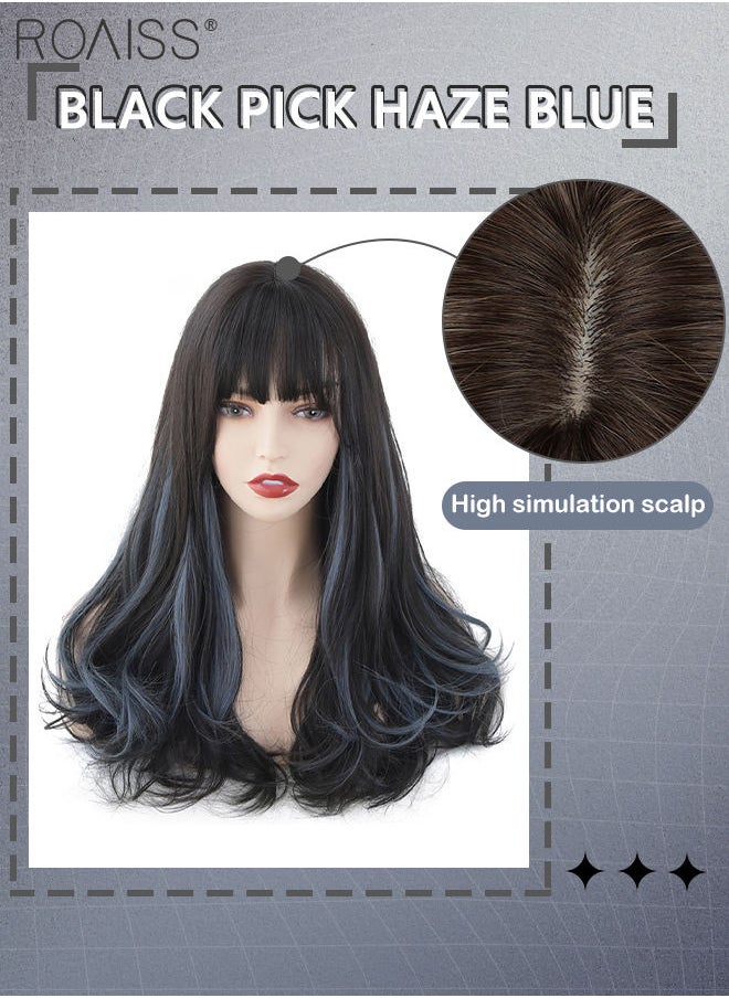 roaiss Black Wig with Blue Highlights, Medium Length Curly Hair Ends Wig with Bangs for Women, Synthetic Natural Heat Resistant Fiber Wig as Real Hair for Daily Wear, Party, Costume, Cosplay, 45CM  - Image 2