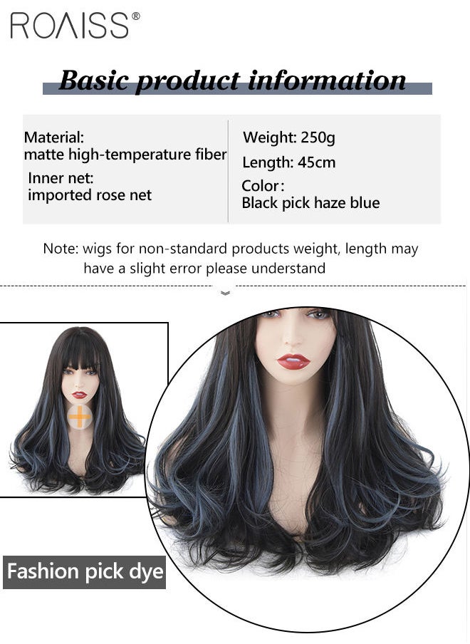 roaiss Black Wig with Blue Highlights, Medium Length Curly Hair Ends Wig with Bangs for Women, Synthetic Natural Heat Resistant Fiber Wig as Real Hair for Daily Wear, Party, Costume, Cosplay, 45CM  - Image 3