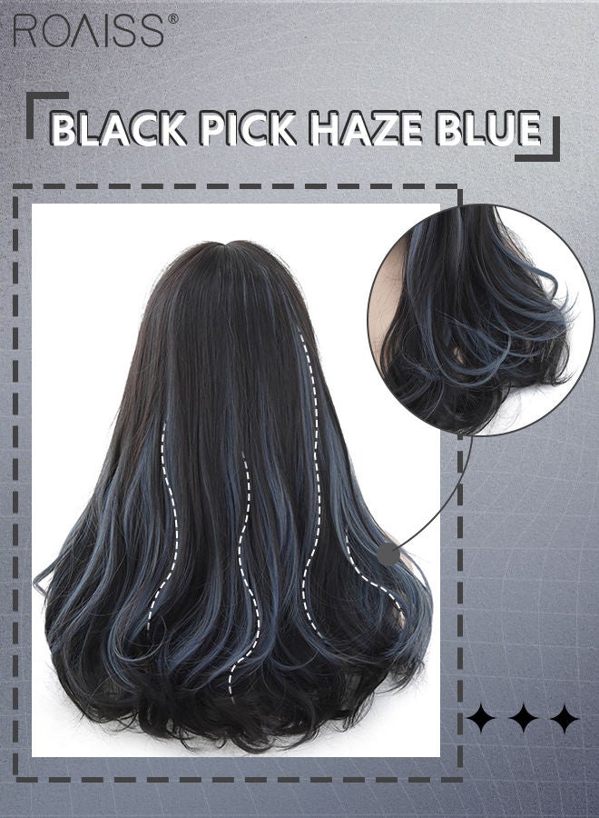 Black Wig with Blue Highlights, Medium Length Curly Hair Ends Wig with Bangs for Women, Synthetic Natural Heat Resistant Fiber Wig as Real Hair for Daily Wear, Party, Costume, Cosplay, 45CM