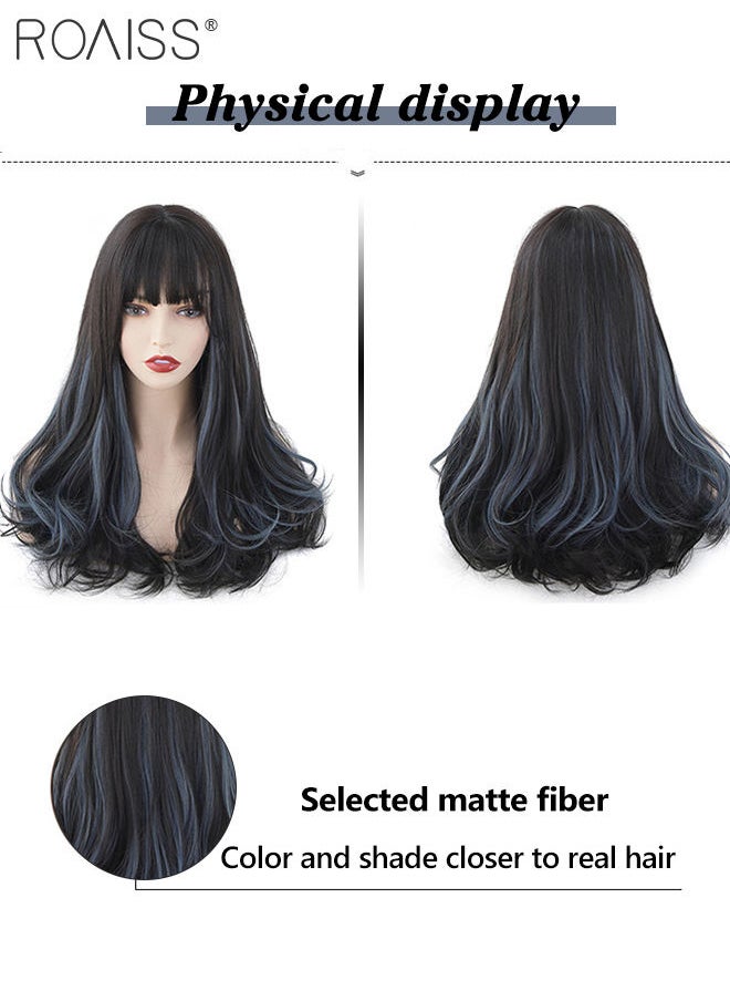 roaiss Black Wig with Blue Highlights, Medium Length Curly Hair Ends Wig with Bangs for Women, Synthetic Natural Heat Resistant Fiber Wig as Real Hair for Daily Wear, Party, Costume, Cosplay, 45CM  - Image 5