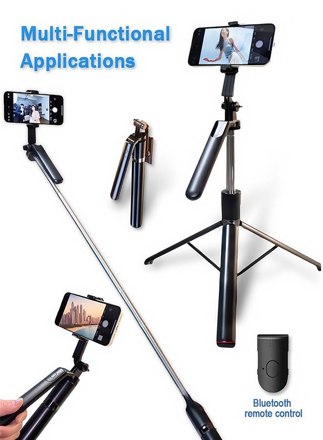 180cm Extendable Selfie Stick Tripod with Bluetooth Remote - 360° Rotatable Phone Stand for iPhone/Android, Portable Travel Tripod for Video Recording, Live Stream Vlog (Black)